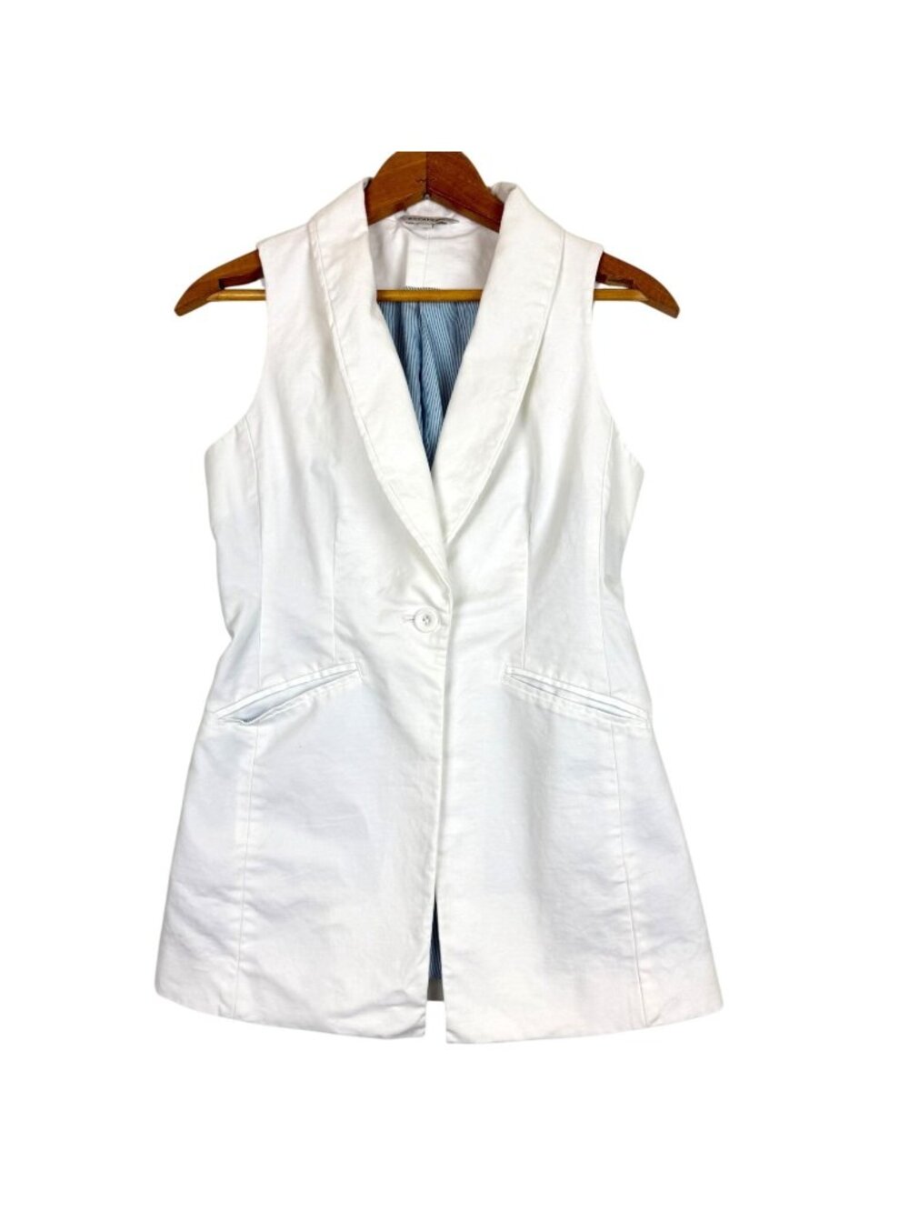 Boston Proper White Sleeveless Blazer Vest Sz 4 Pockets 1 Button Closure Stretch